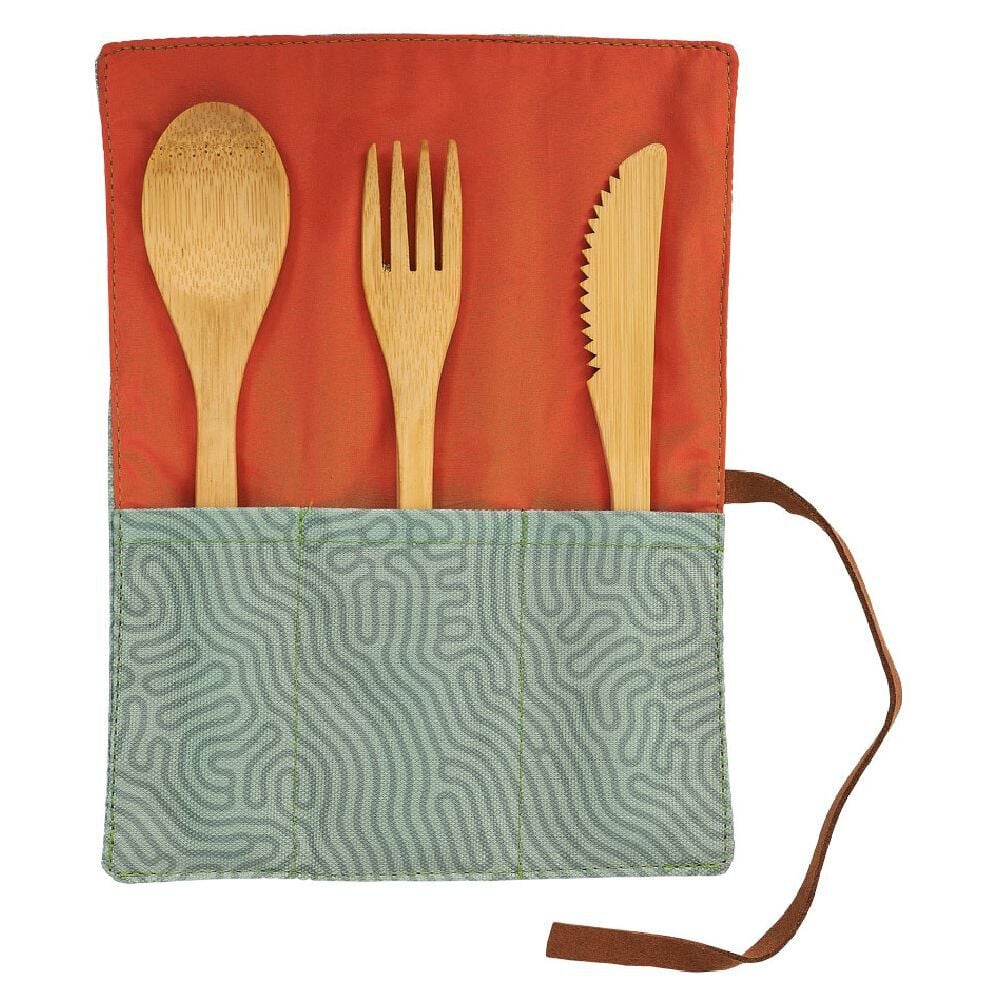 Lot de 3 couverts en bambou dans pochette en tissu vert et orange