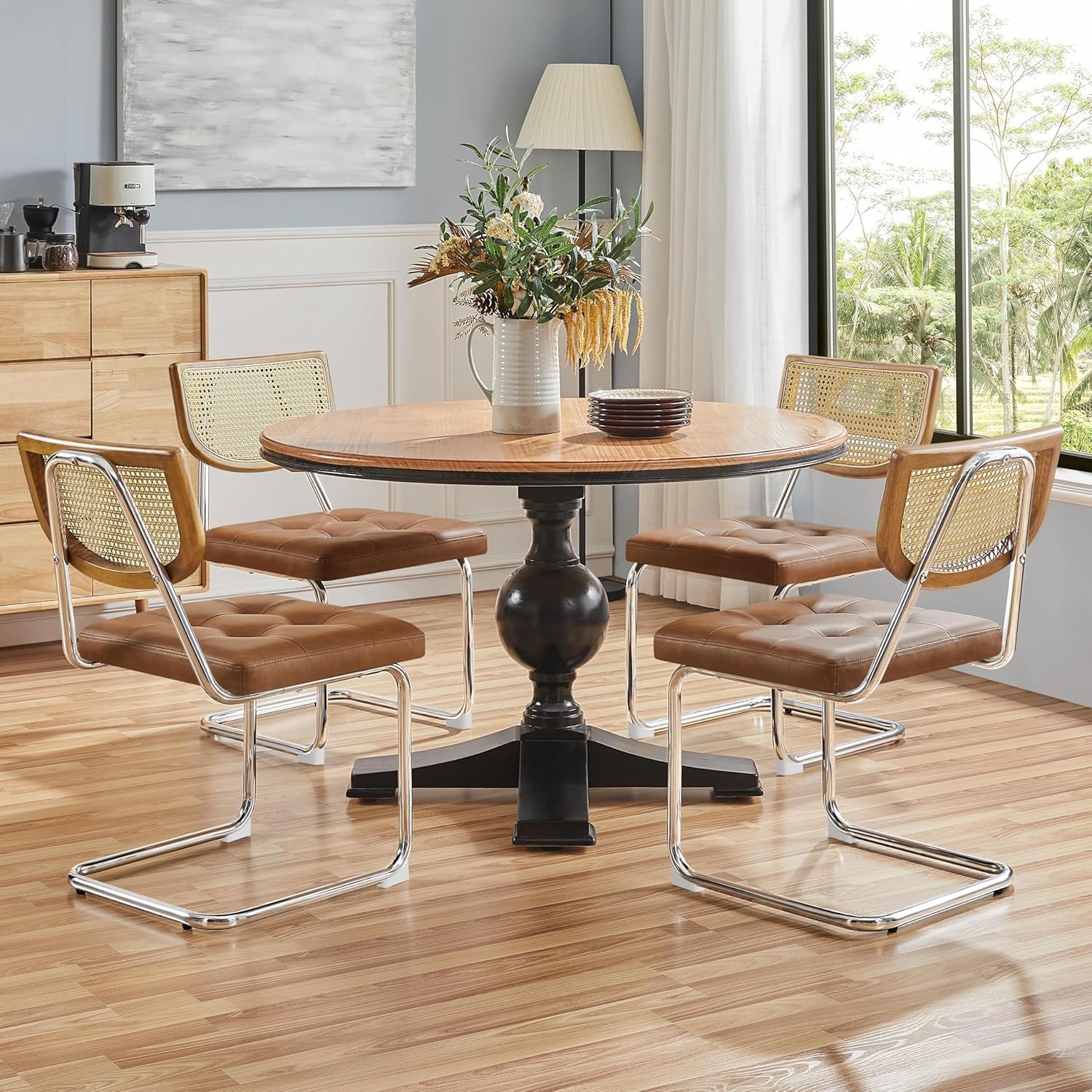 Yaheetech Küchenstuhl 2er Set Esszimmerstühle Rückenlehne aus Rattan Schwingstuhl aus Kunstleder Polsterstuhl fürs Esszimmer/Küche/Wohnzimmer/Restaurant, Retro-Braun