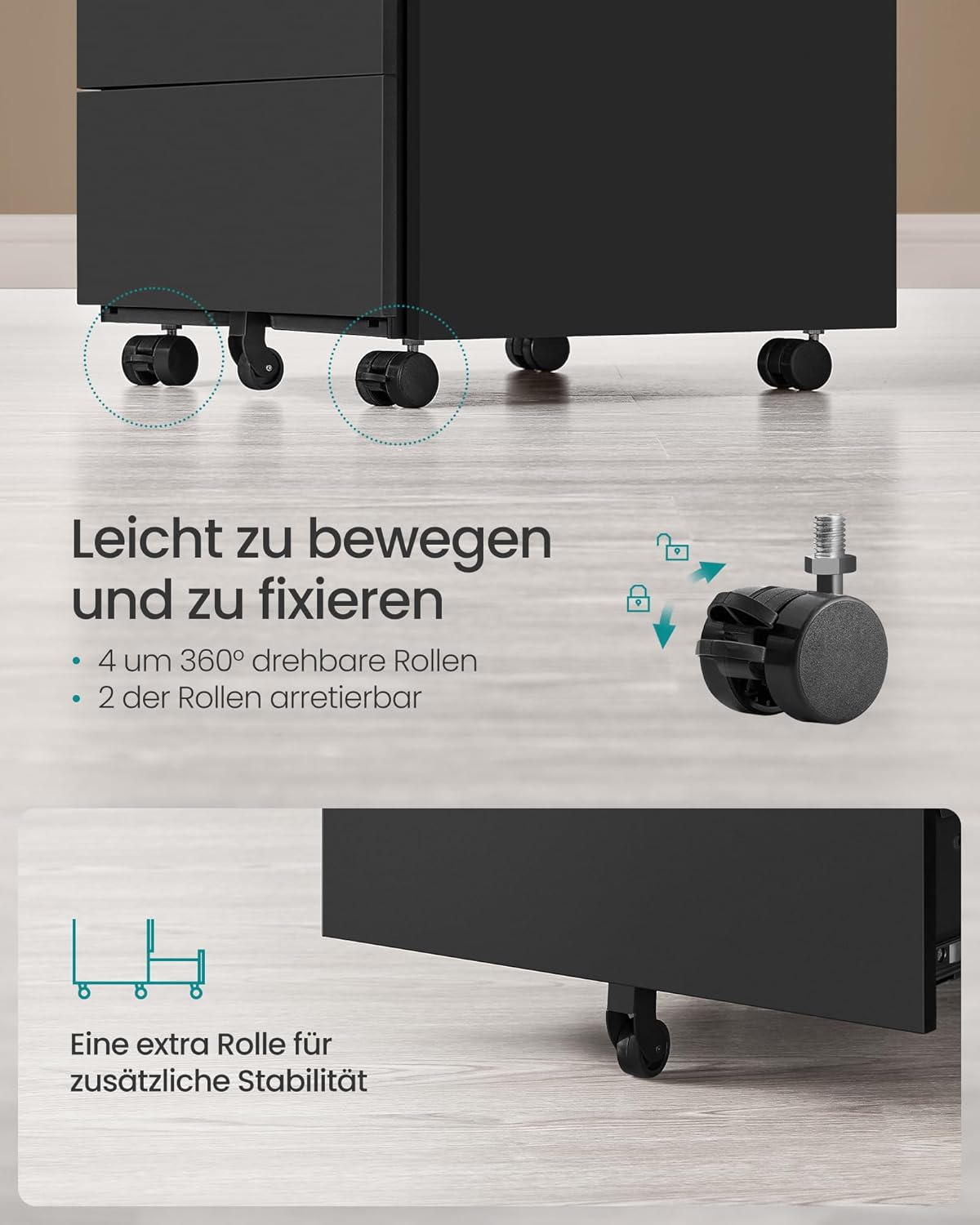 SONGMICS Schubladenschrank, Rollcontainer, mobiler Aktenschrank, Metallschrank, Druckertisch, abschließbar, 4 Schubladen, vormontiert, Büro, Homeoffice, 45 x 39 x 69 cm, tintenschwarz OFC064B16