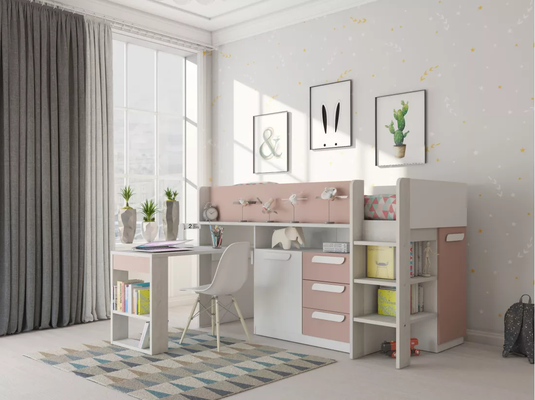 Lit combiné 90 x 200 cm - Avec bureau et rangements - Rose, naturel et blanc + Matelas - LOUKALA