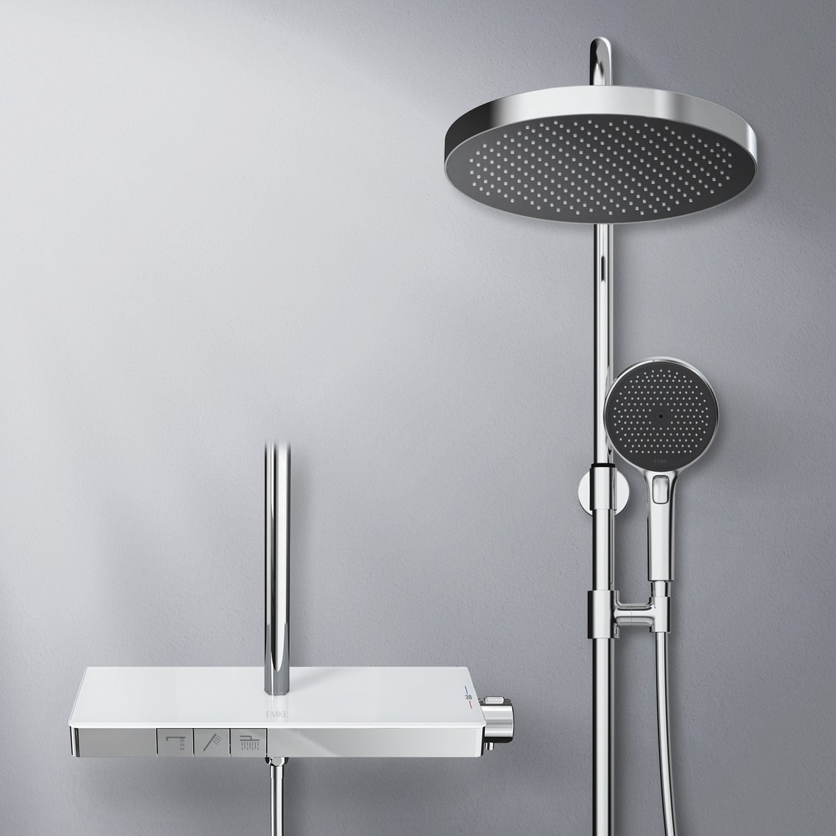 EMKE Douchesysteem Thermostaat Doucheset met 40cm Thermostaatplaat, Hoogte 83cm, 3 Straalsoorten, Douchestang, Handdouche, Regendouche, Waterafvoer