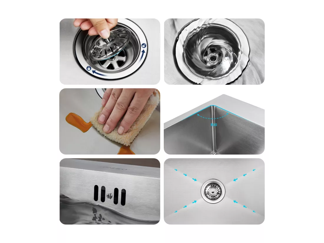 Évier Cuisine 1 Bac 68*45*19CM INOX Trop Plein Évier à Encastrer, avec Distrubuteur Savon et Égouttoir Panier, Brossé,EU Modèle