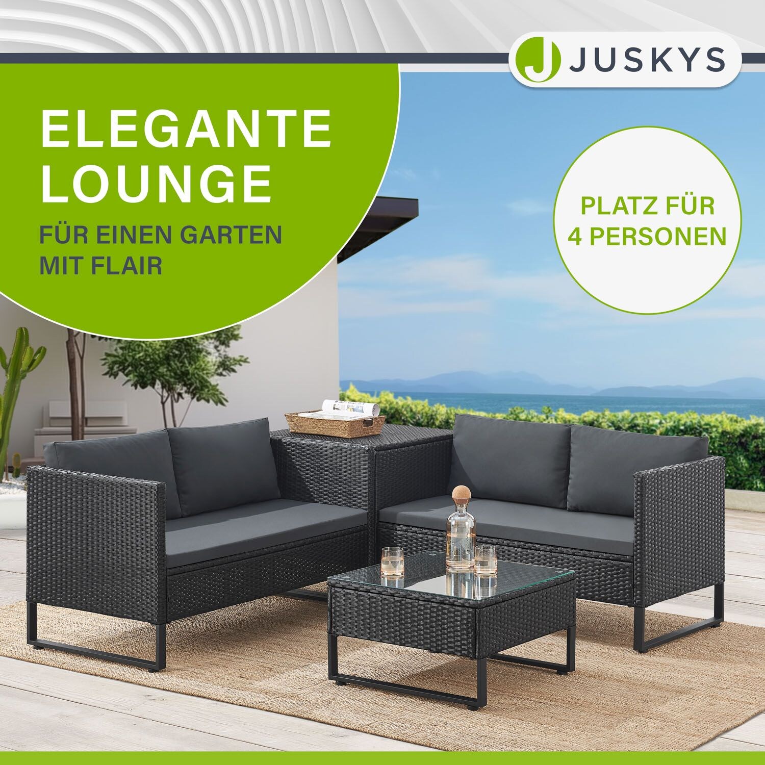 Juskys Polyrattan Lounge Santorini - Outdoor Sitzecke mit Beistelltisch & Auflagenbox - Schwarz
