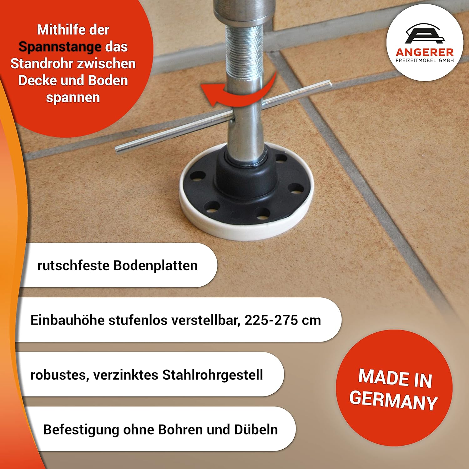 Angerer Klemmmarkise Standard mit Handkurbel, Terrasse/Balkon, einfache Montage ohne Bohren, Made in Germany, Kunststoff-Bezug, UV-beständig, höhenverstellbar, wasserabweisend, 350 cm Orange