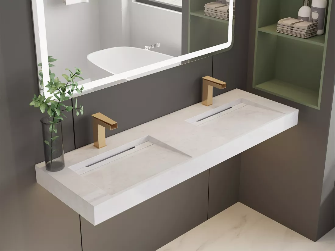 Double vasque suspendue en solid surface effet marbre blanc - KODIAK - L140.2 x l45.2 x H8 cm