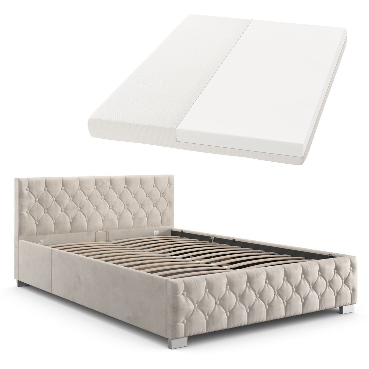 Juskys Polsterbett Nizza 120x200 cm - Matratze, Stauraum & LEDs - Samtbezug mit Steppung - Beige