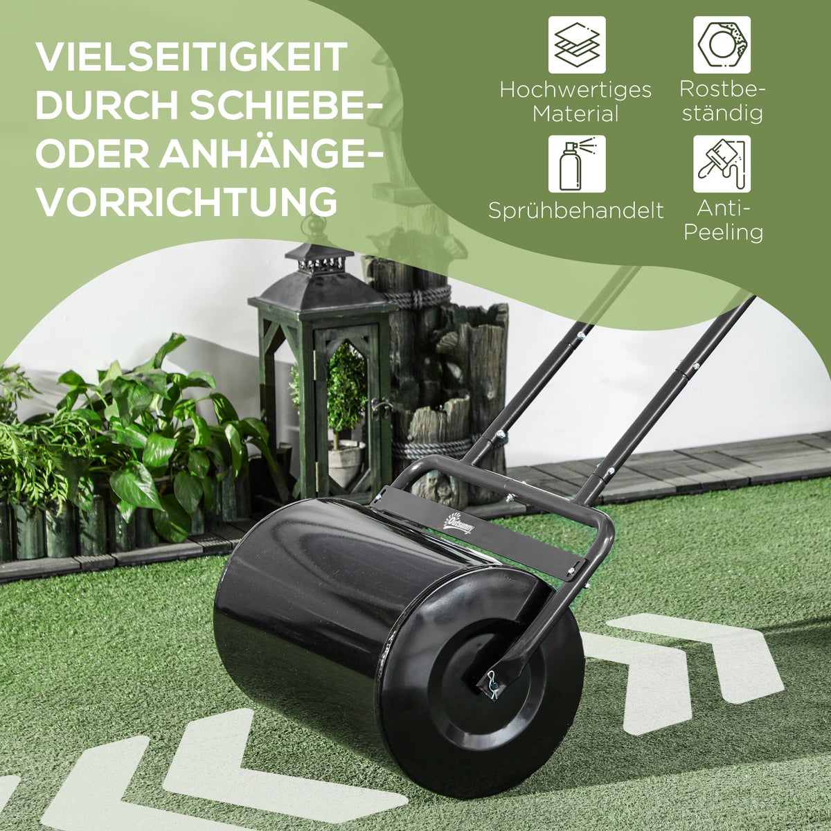 Outsunny gazonrol met U-greep, tuinrol, 32 cm diameter, 38 L watercapaciteit/62 kg, 58 x 32,5 x 113 cm, metaal, zwart