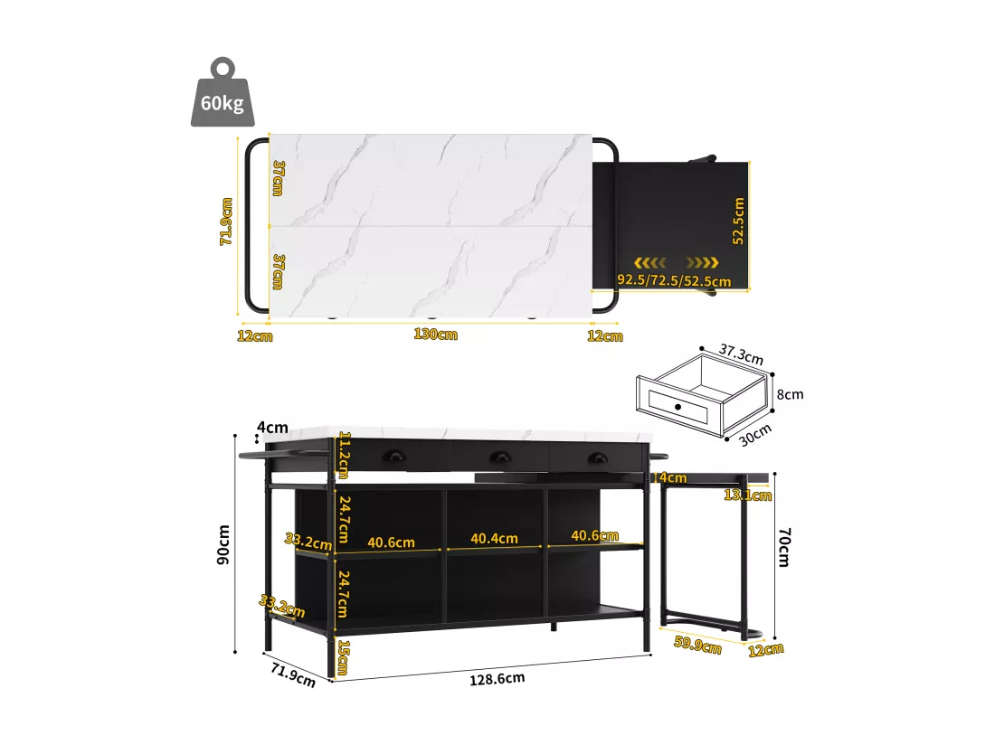 Ensemble Ilot central de cuisine + 4 chaises avec 3 tiroirs et étagères - 128.6 x 71.9 x 90 cm - Plateau extensible - MDF + métal - Noir