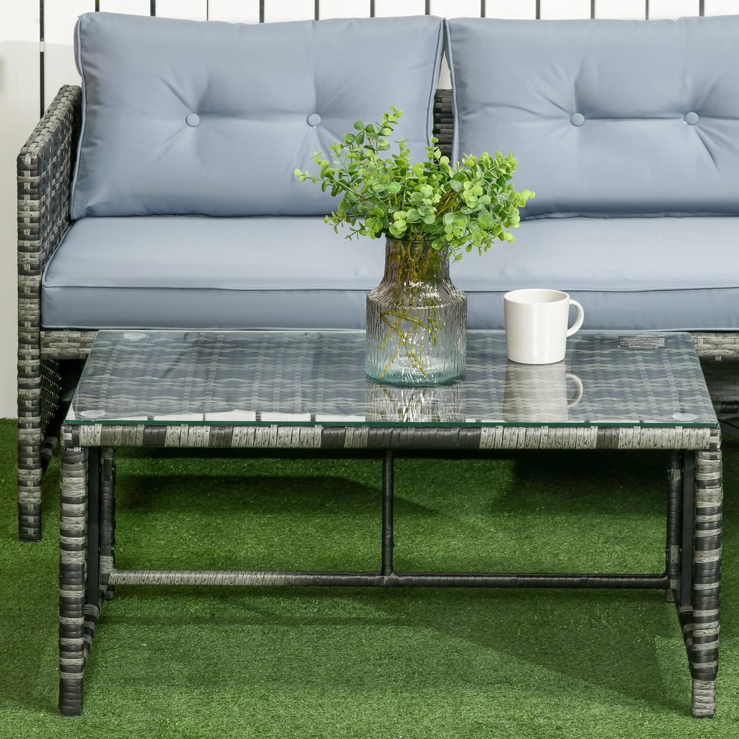 Outsunny Garden Lounge mit 2-Sitzer-Sofa, Chaise Longue und Couchtisch, PE Rattan und Glas Garten-Set mit Kissen, Grau
