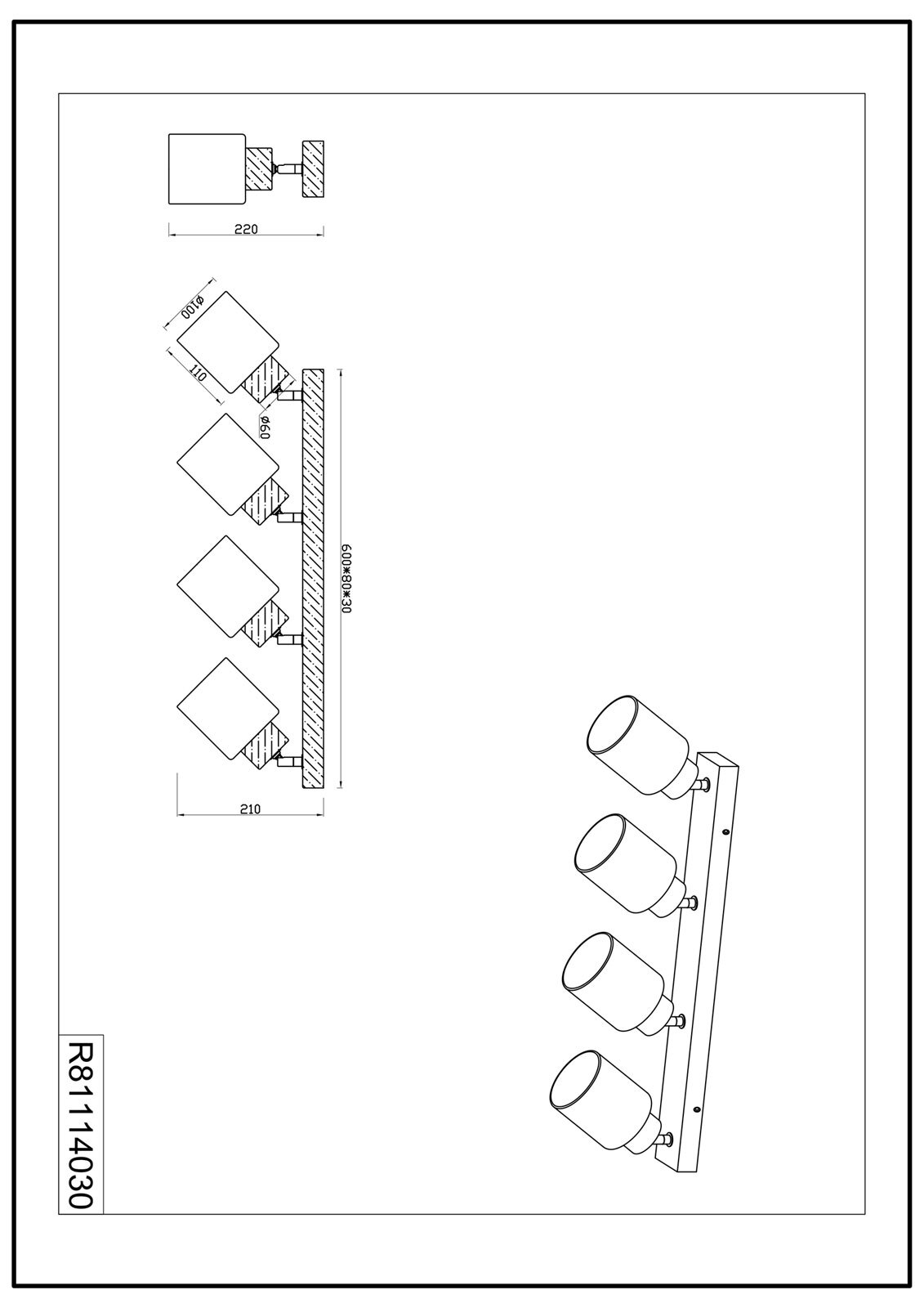 Deckenlampe mit 4 Spots Assam Naturfarbig LED 60x21x10cm