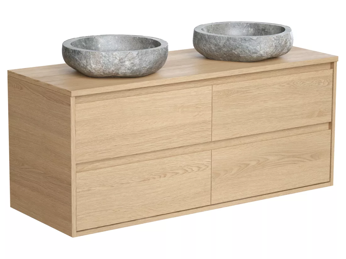 Meuble de salle de bain suspendu avec double vasque à poser en pierre - Placage chêne - 120 cm - MILIPAM
