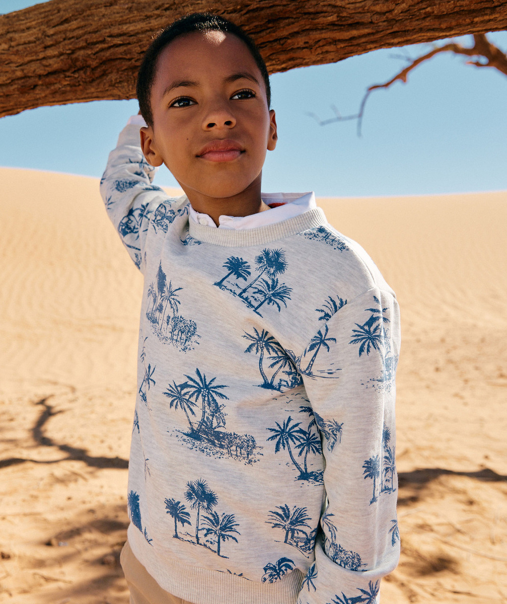 SWEAT GARÇON EN COTON BIO ÉCRU CHINÉ IMPRIMÉ PALMIERS