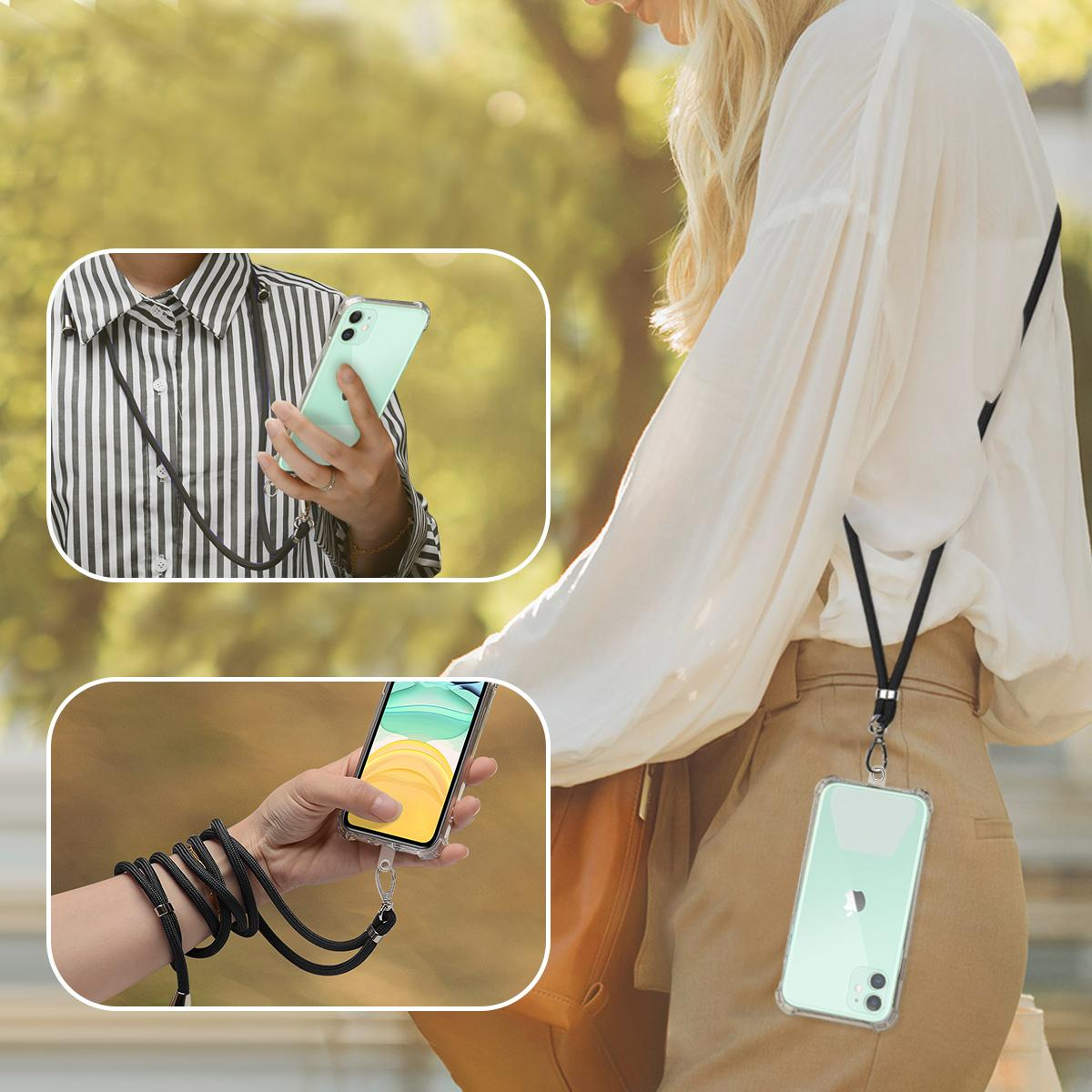 (140cm) Universal Necklace Handykette Umhängeband für Schutzhülle   2x Selbstklebende Einlagen - Schwarz / Transparent