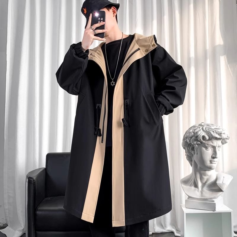 emeisa - Mock Two-Piece Two Tone Hooded Midi Zip Coat