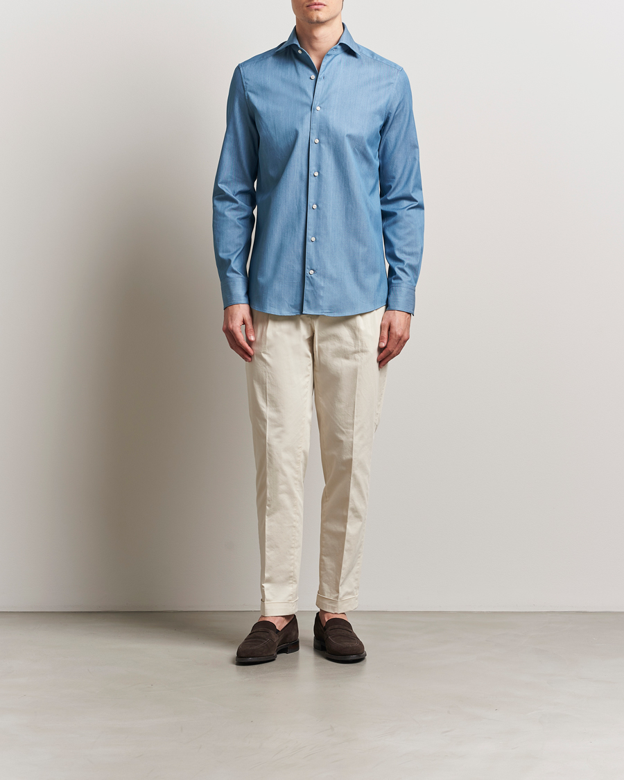 Stenströms 1899 Slim One Piece Collar Cotton Denim Shirt Mid Blue