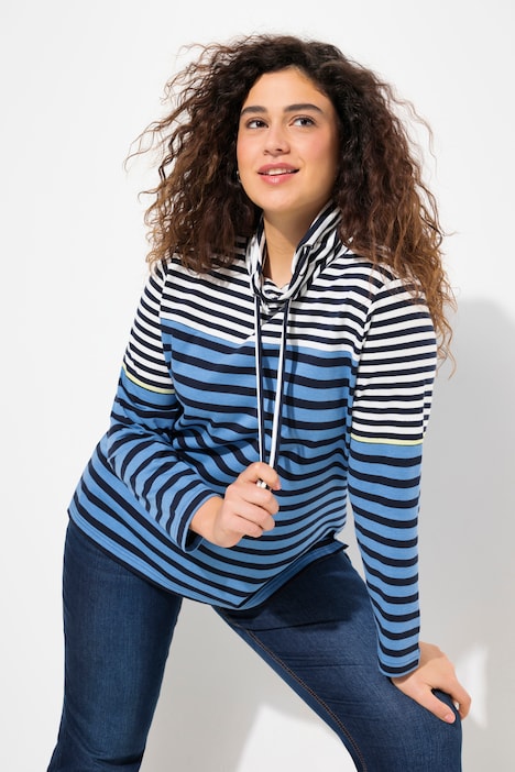 Shirt, Ringelmix, Stehkragen, Langarm, hinten länger
