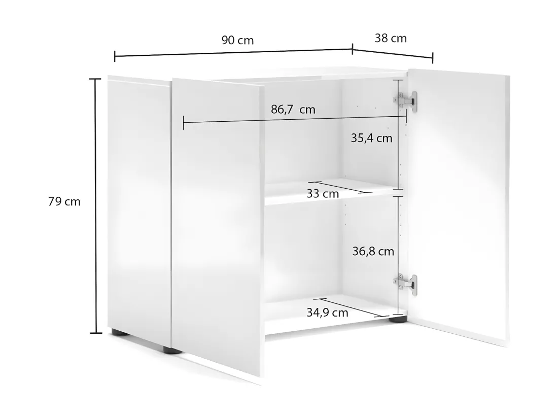 Buffet Abeba, Buffet du salon, Commode de salon, Garde-manger de cuisine, Made in Italy, 90x38h79 cm, Blanc brillant