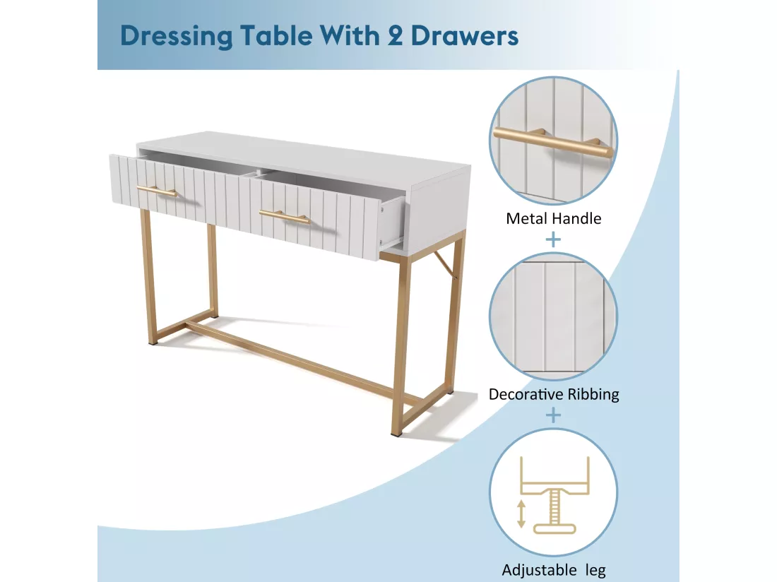 Coiffeuse Moderne avec 2 tiroirs, 75 cm, Commode pour Chambre à coucher, Meuble blanc avec Pieds en Métal, Haut de gamme - H75/B100/T45 cm