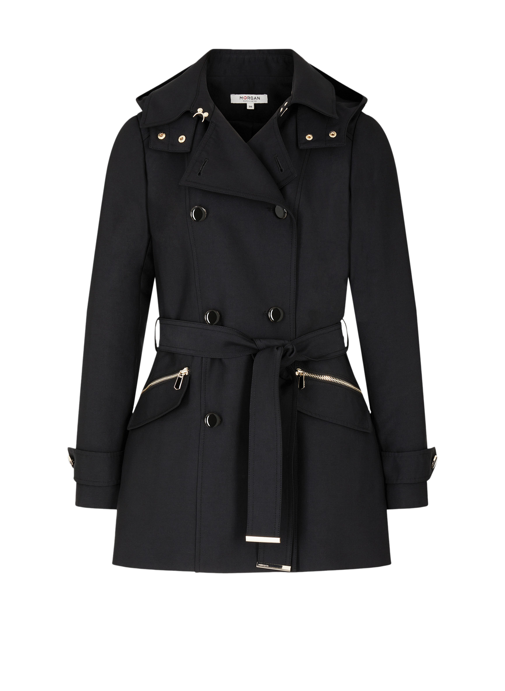 GLADIA - Trench cintré col à revers à capuche | Noir