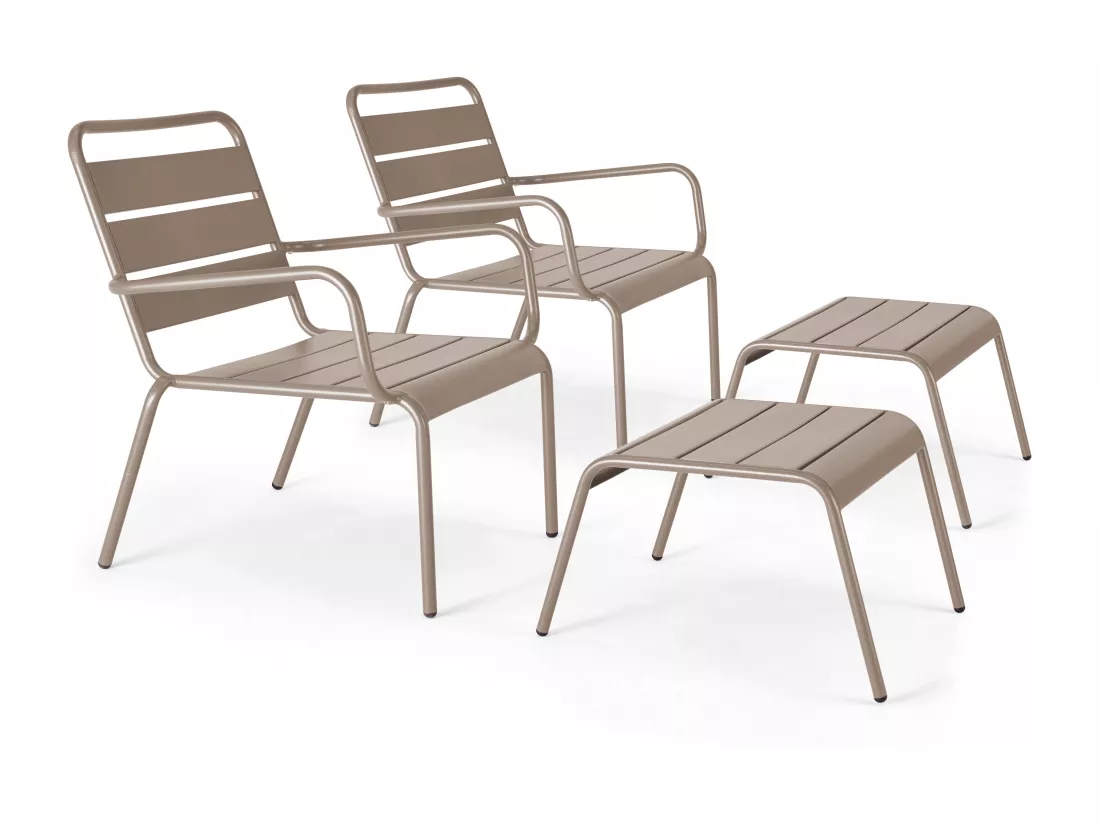 Lot de 2 fauteuils relax avec repose-pieds en métal taupe - Palavas