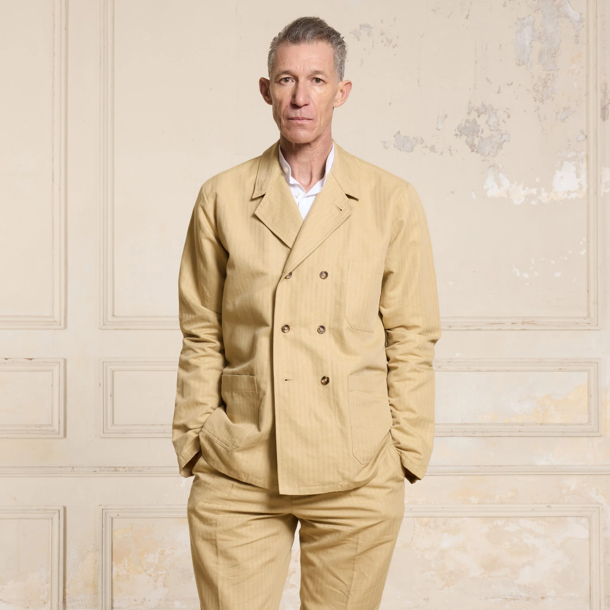 Beige cotton and linen double-breasted work jacket