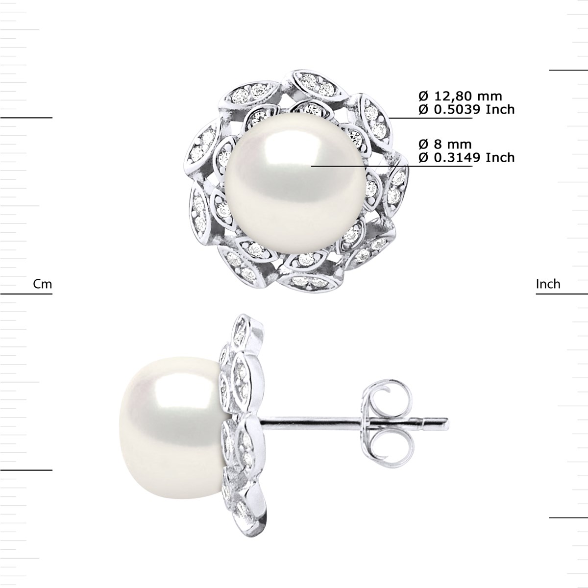 Clous d'Oreilles FLEUR Perles d'Eau Douce Boutons 8-9 mm Blanches Joaillerie Argent 925