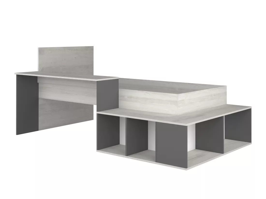 Lit combiné 90 x 200 cm avec rangements et bureau - Coloris : Naturel et anthracite + Sommier - RIGALI
