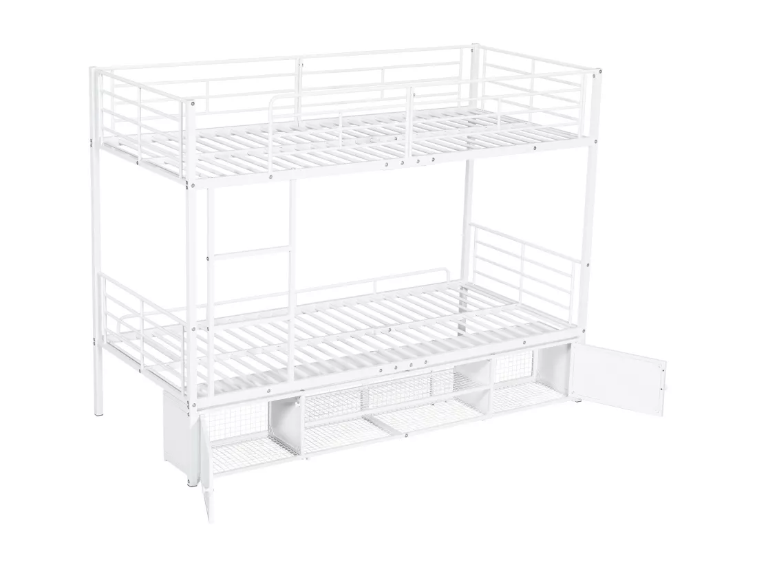 Lit superposé 90x200cm en fer - avec meuble à chaussures et échelle - Blanc