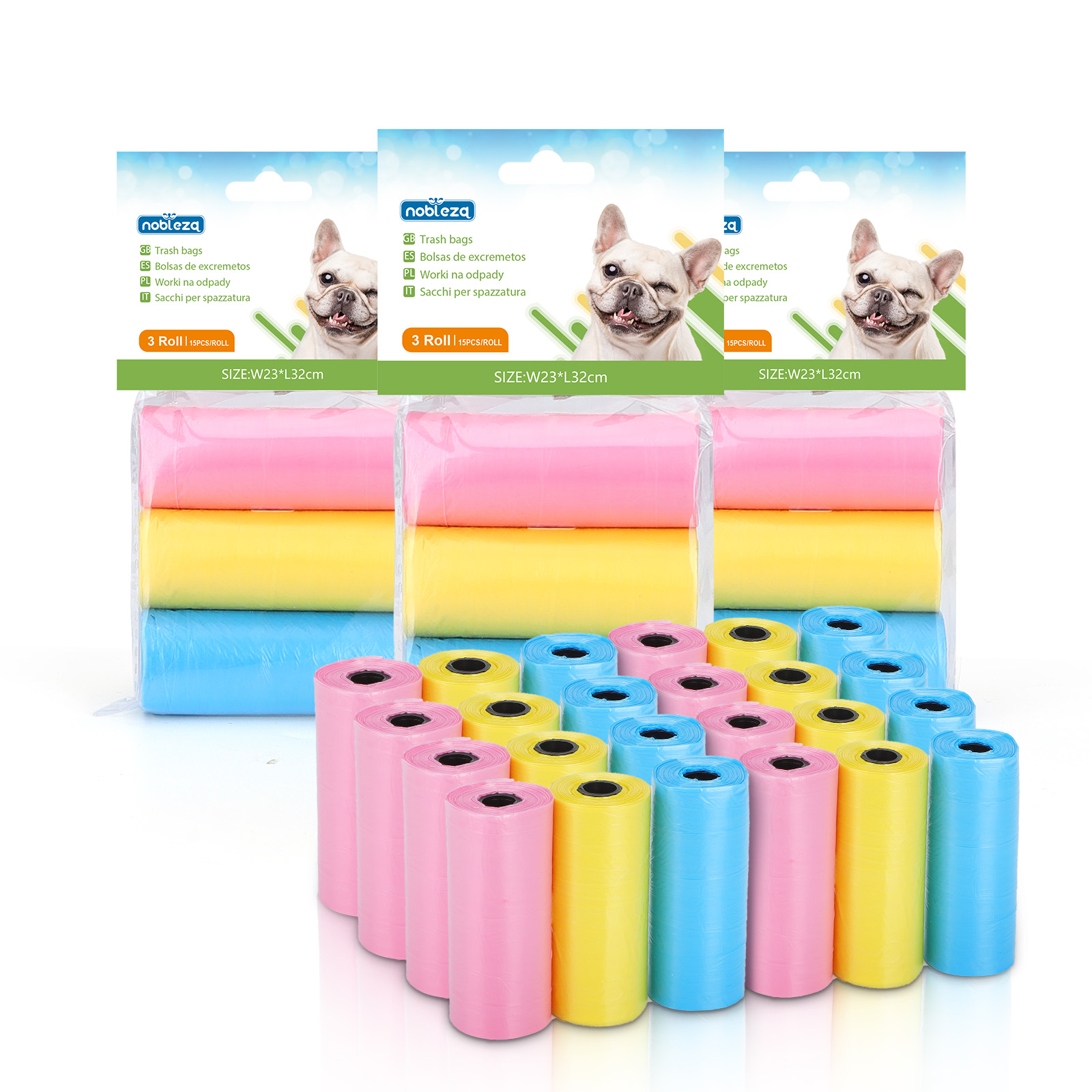 Sacos para fezes de cachorro Nobleza, 1080 unidades, extra grossos, resistentes e à prova de vazamentos. 3 rolos por pacote, 72 rolos, 3 cores.