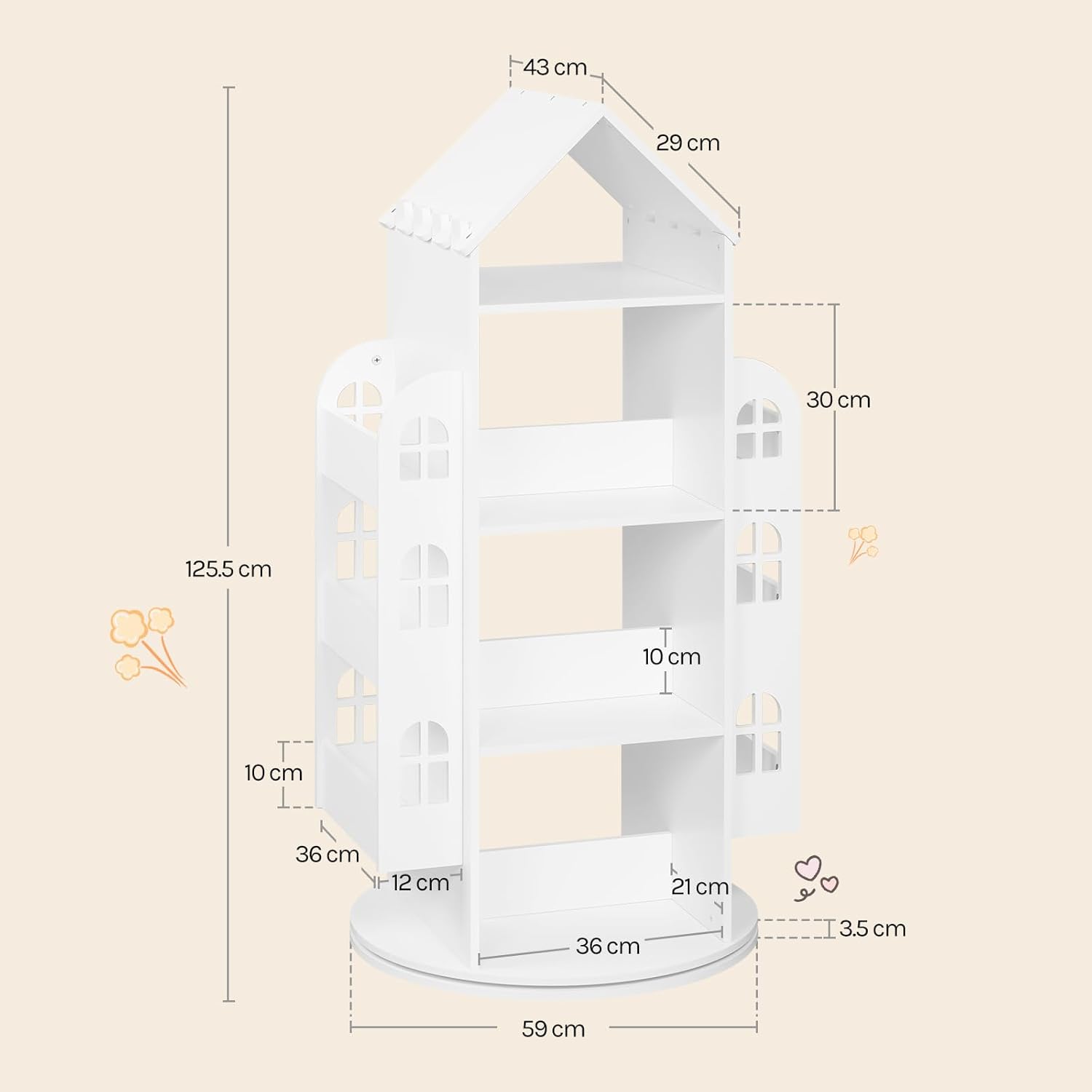 WOLTU Drehbares Bücherregal Kinder, Kinderregal Kinderbücherregal, Mit 4 Ebenen 2 Seitenregalen, Regal Hausform, 63x125x59 cm, Weiß