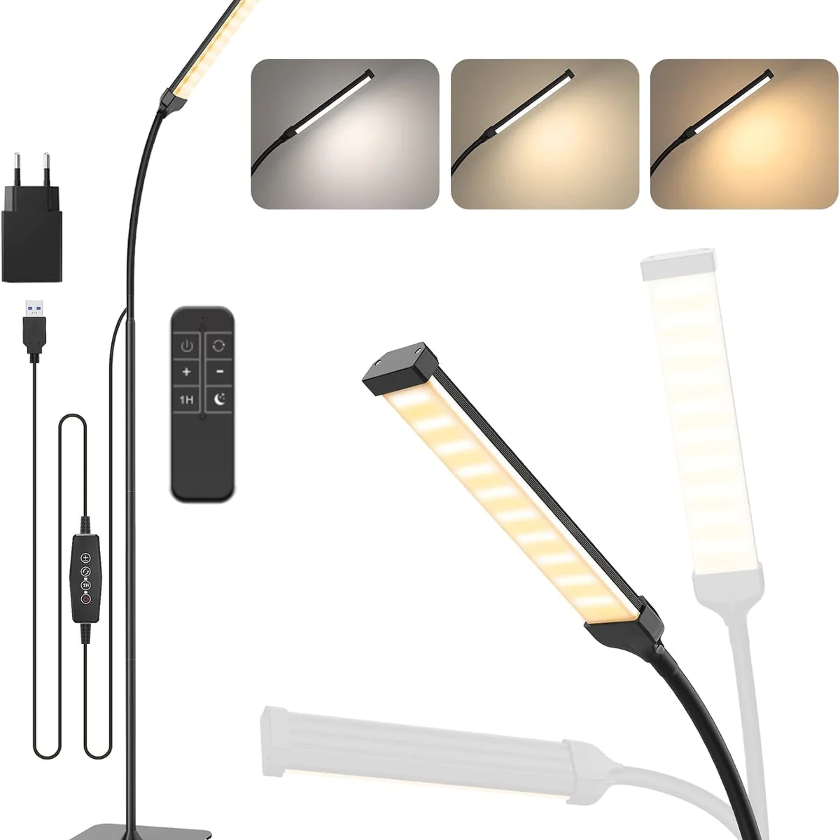 Lampadaire avec Télécommande Flexible à Col de Cygne 120 LED 10W noir