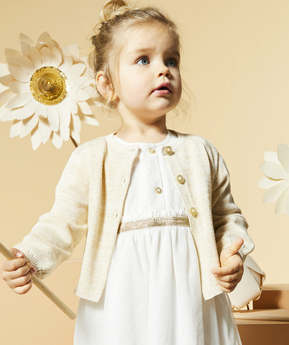 CARDIGAN BÉBÉ FILLE EN COTON BIO COULEUR DORÉE PAILLETÉ