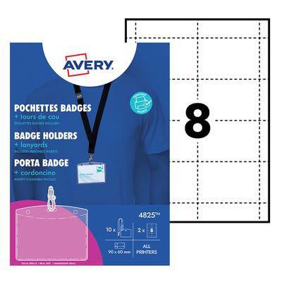 Avery - Pochettes badges avec tour de cou - 10 badges + 16 étiquettes - 60 x 90 mm