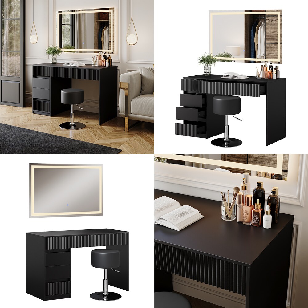 Vicco Schminktisch Omira Schwarz 120 cm mit LED-Spiegel und Hocker