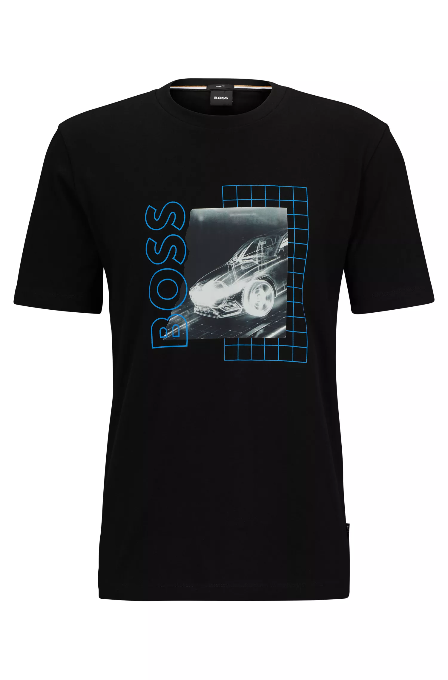Camiseta BOSS preta em malha de algodão com estampa inspirada em corridas.
