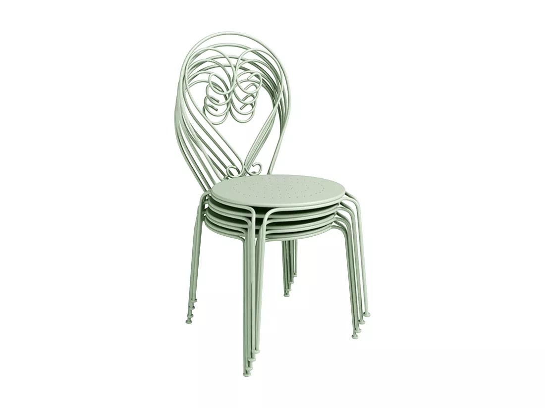 Salle à manger de jardin en métal façon fer forgé : une table D.120cm et 4 chaises empilables - Vert amande - GUERMANTES de MYLIA