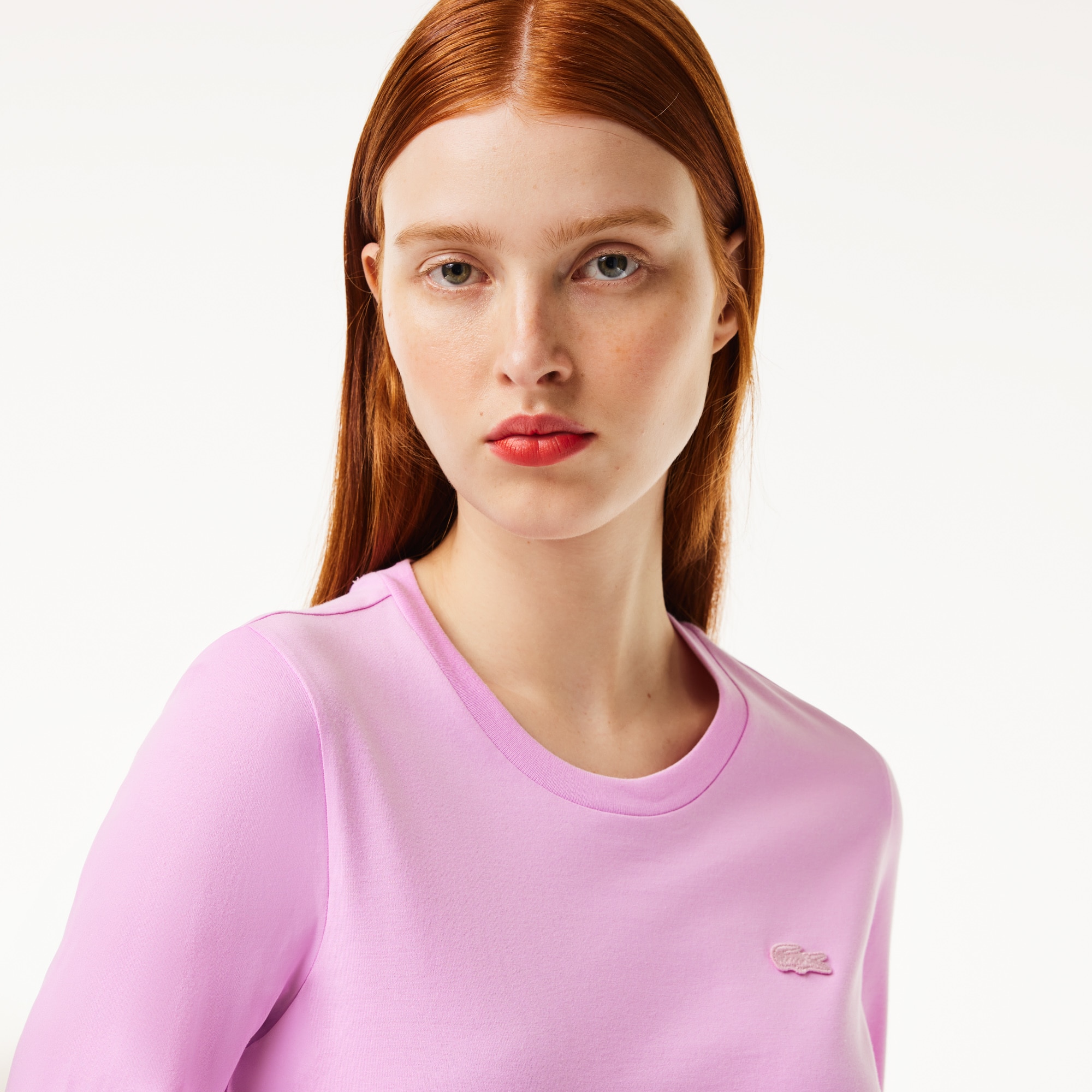 T-shirt à col rond et manches trois-quarts en coton uni T-Shirts - Rose - Lacoste - Femme