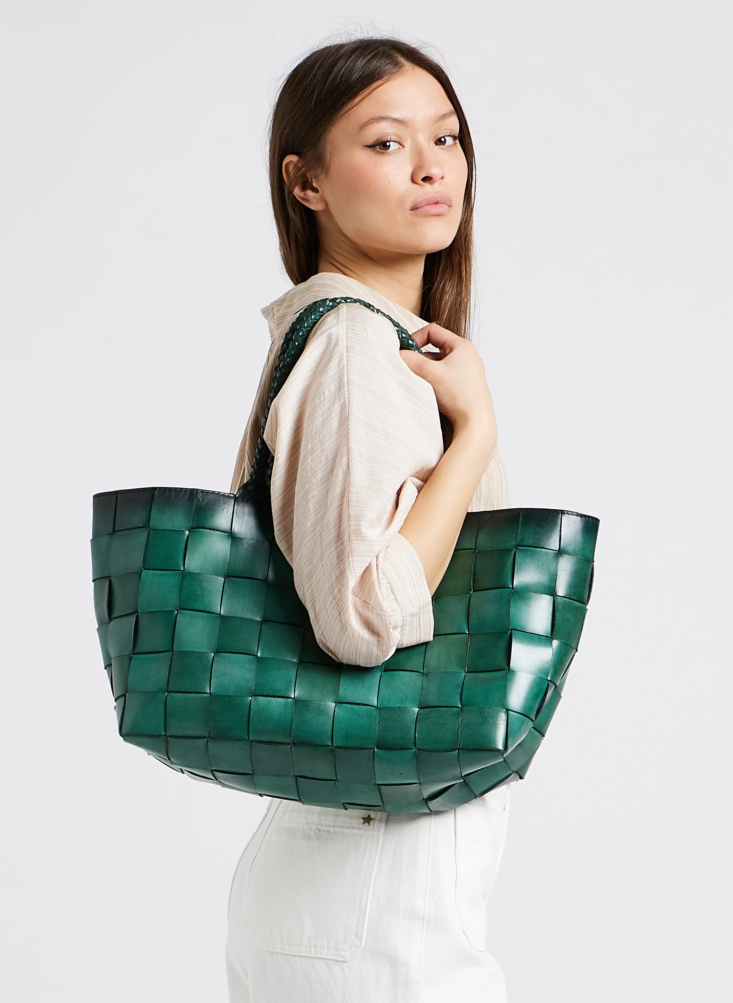 JAPAN TOTE - Cabas tressé à double anse en cuir| Vert