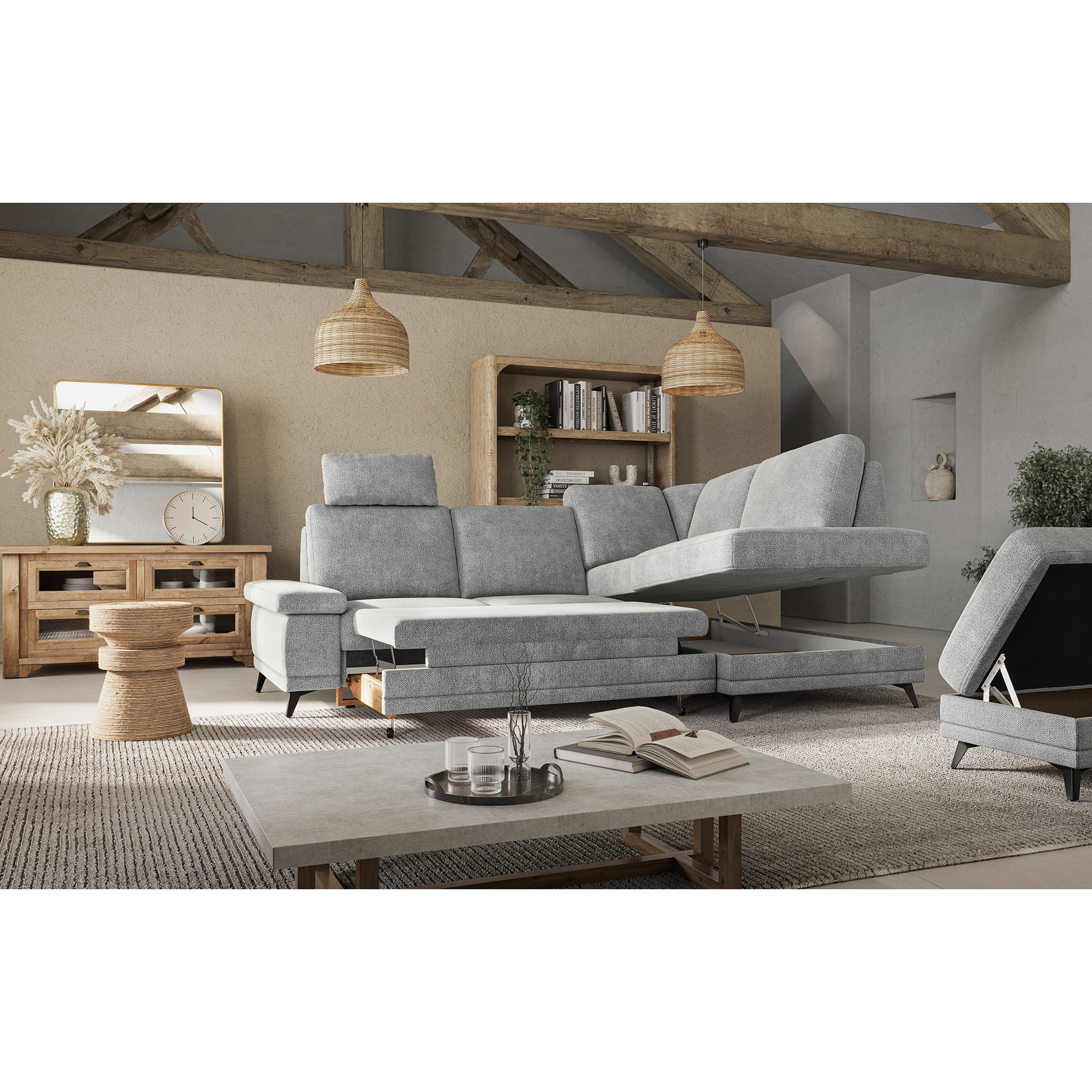 Ecksofa - platin - Liegefunktion und Bettkasten - Ottomane rechts