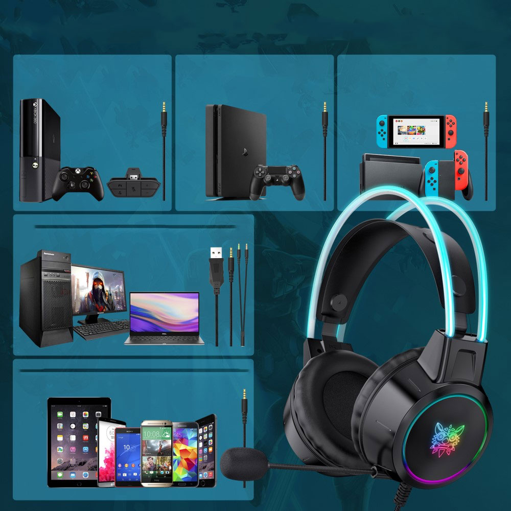 K15 Pro Gaming USB Kopfhörer Over-Ear LED Stereo Headset mit Mikrofon   3.5mm Klinken Anschluss - Schwarz