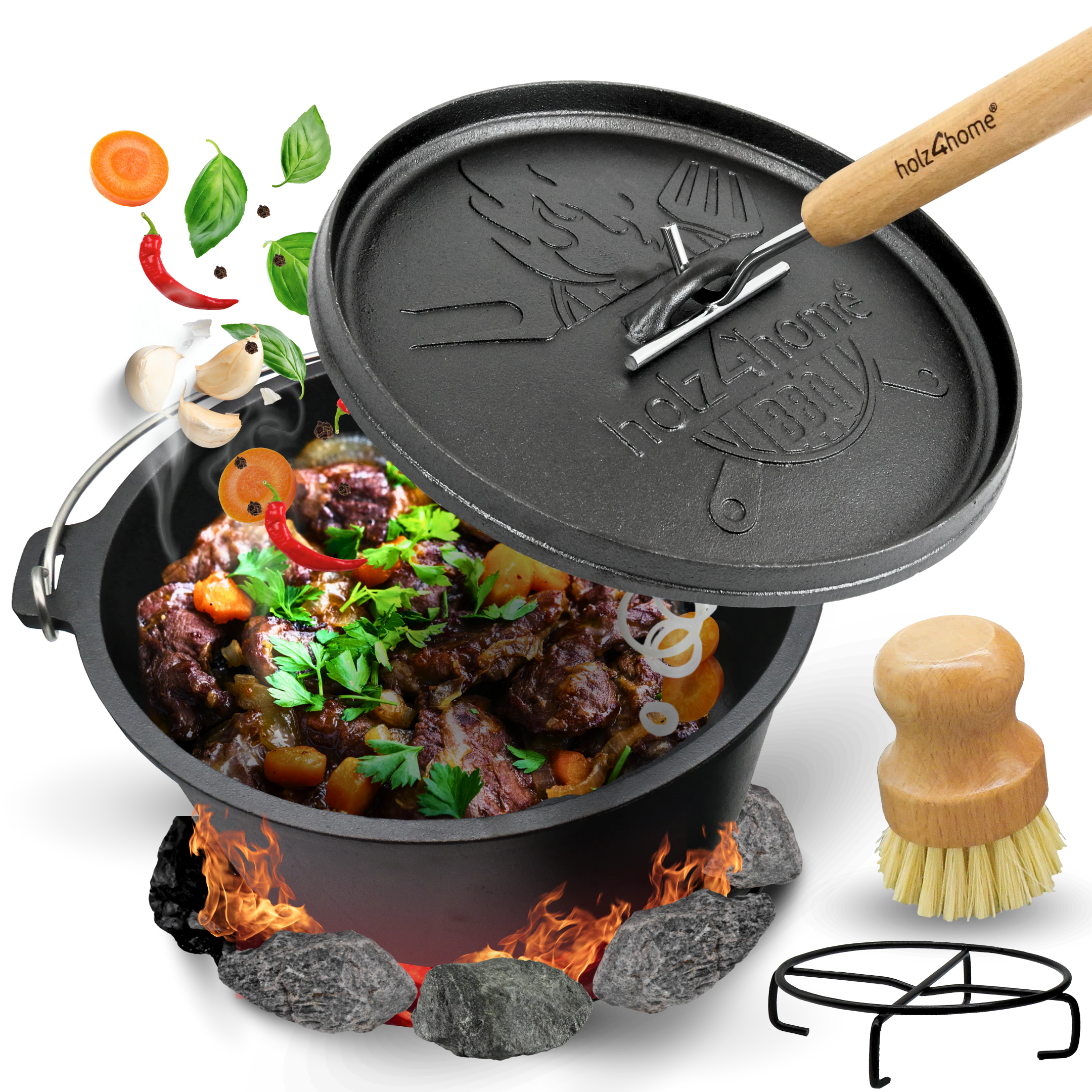 holz4home® Dutch Oven ohne Füße I eingebrannter Feuertopf aus Gusseisen I inkl. Deckelheber, Topfständer und Reinigungsbürste | 9 Liter