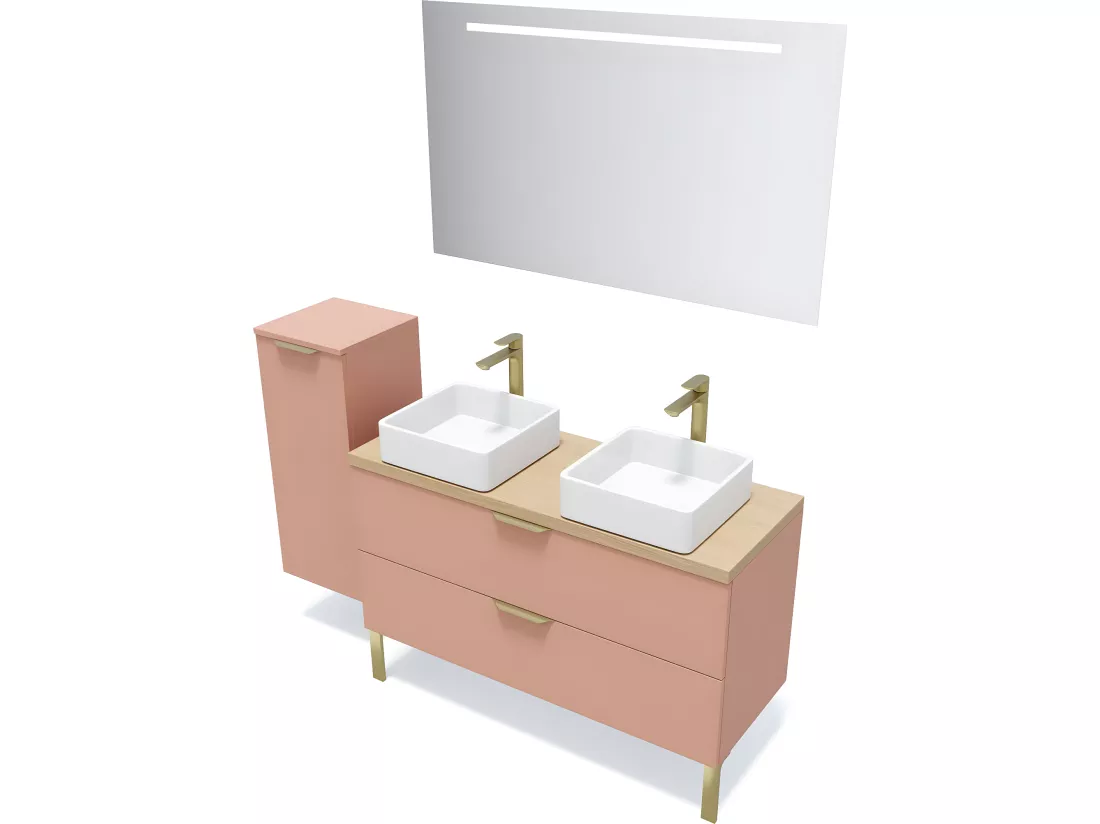 Meuble de salle de bain suspendu 2 vasques à poser 120cm 2 tiroirs Abricot - Venice