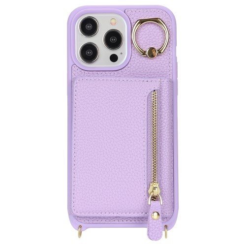 iPhone 13 Pro Necklace Leder Hülle mit Münzfach und Kartenfächer   Finger Griff Halterung   Handykette - Lila