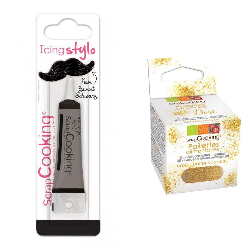 Stylo de glaçage noir + paillettes dorées Scrapcooking
