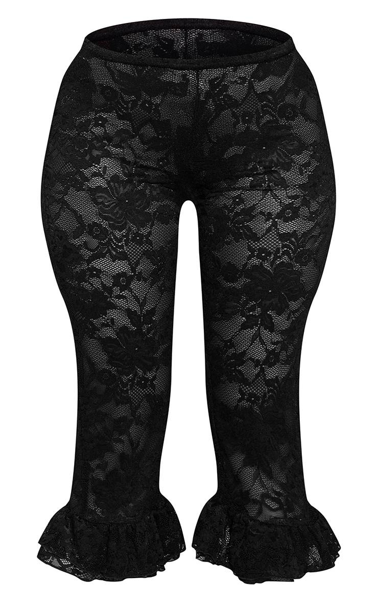 Noir Pantalon Capri En Dentelle À Ourlet À Volants Petite