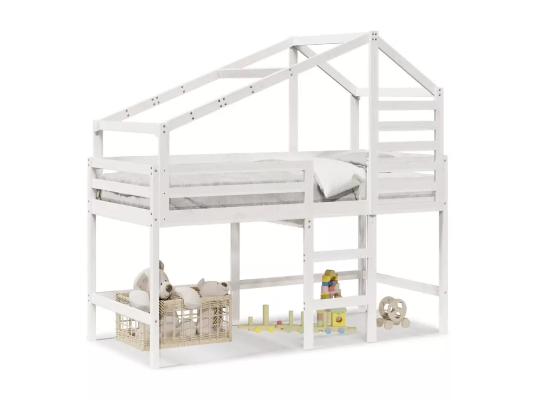 Lit superposé et échelle et toit blanc 90x200cm bois pin massif