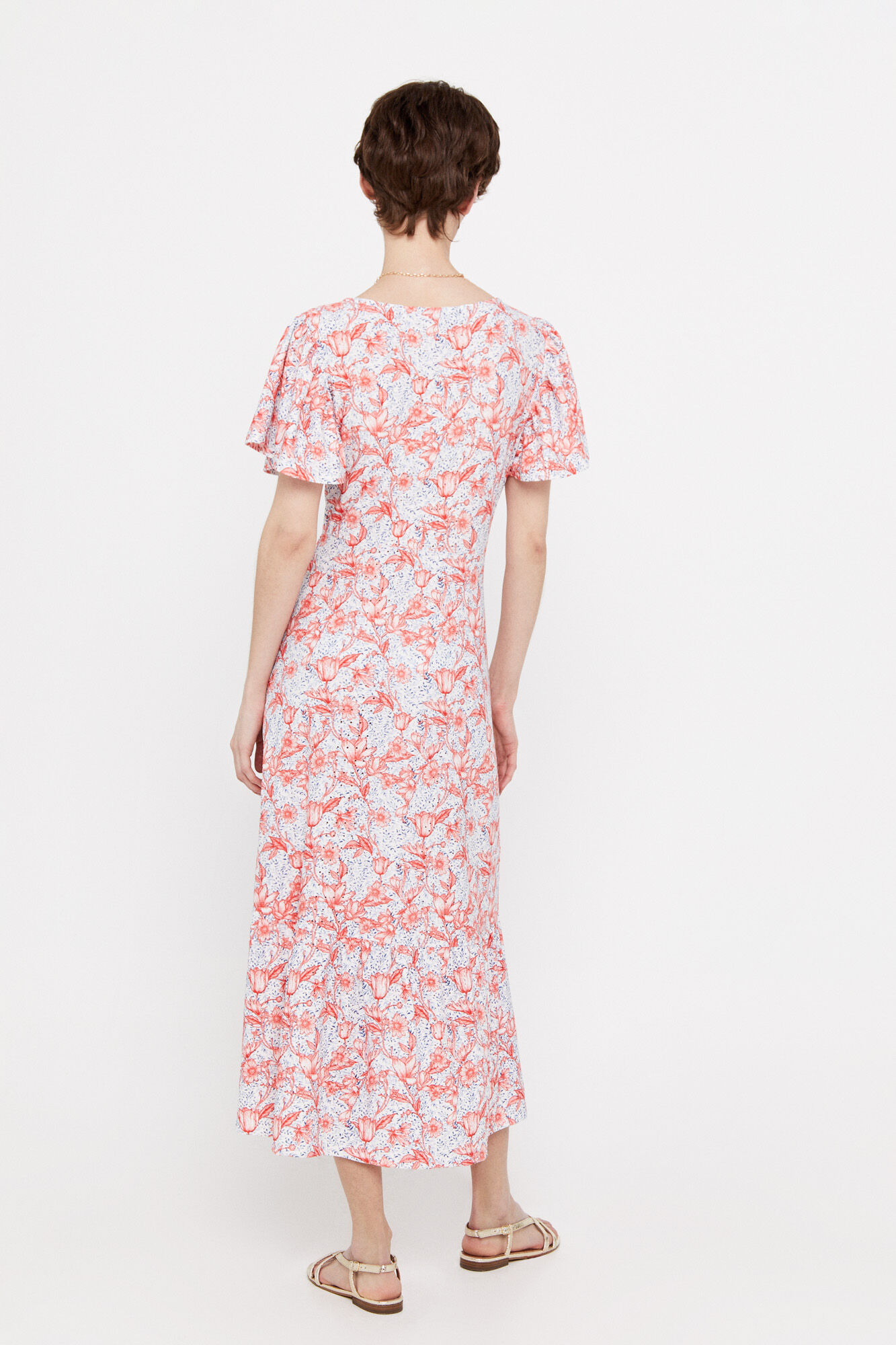 Vestido de malha vazada com babados - Multicolorido