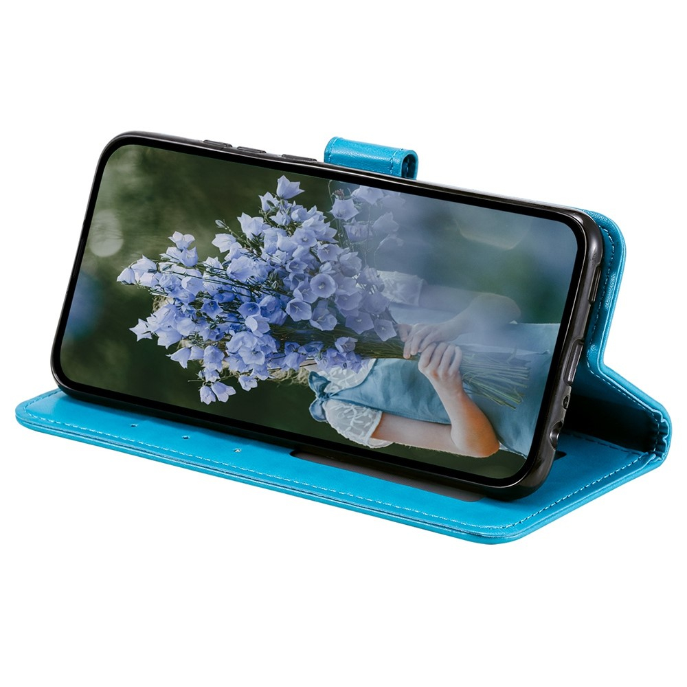 iPhone 15 Leder Tasche Wallet - Mandala Flowers Imprint - Blau