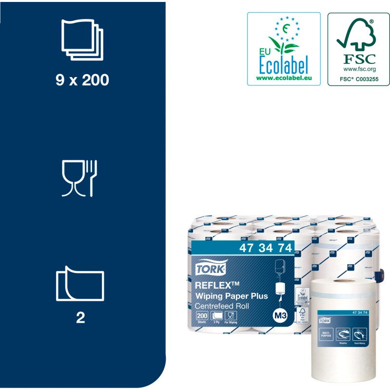 Tork Reflex™ Papier d'Essuyage Plus blanc M3, multi-usages 200 feuilles - Colis de 9