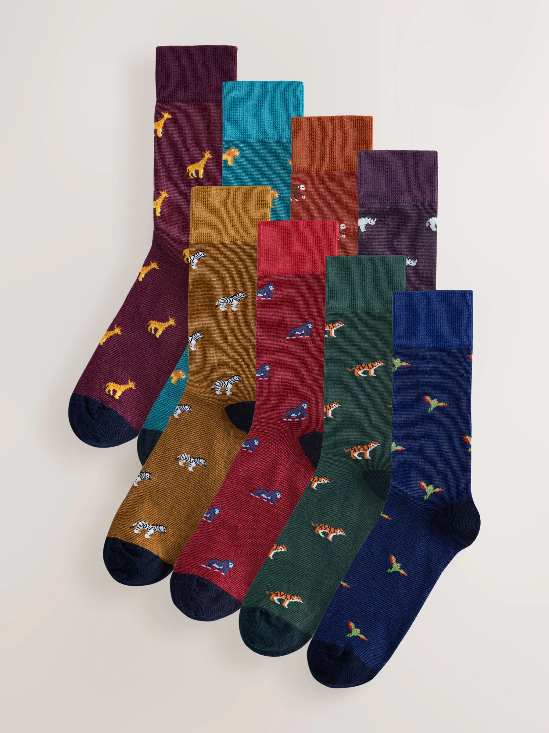 Blauw/rood met safaridieren - 8 Paar sokken met leuk patroon